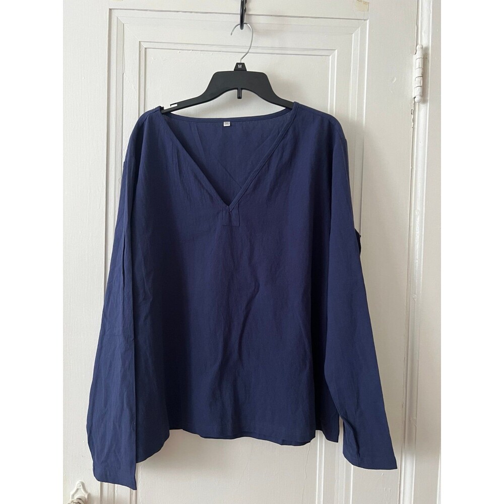 Relaxed navy cotton top blouse long sleeve 2 xl